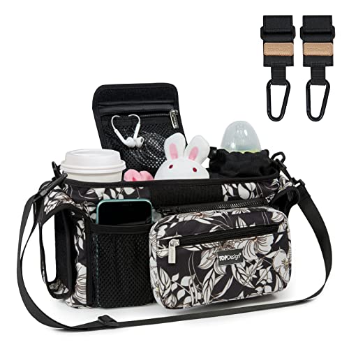 Image of TOPDesign Universal Baby Stroller Organizer, Stroller Caddy with Heightened Insulated Cup Holders & Non-Slip Secure Hooks Accessories, Fits Most Strollers, Machine Washable (Morning Glory)