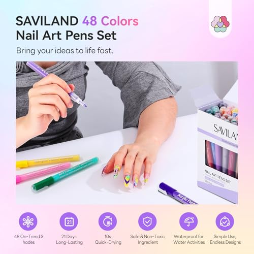 Image of SAVILAND Nail Art Pens Set: 48 Colors Quick-Drying 3D Nail Polish Pens Acrylic Paint Markers for Nail Art Painting Drawing Liner Brush Dotting Tools Kit for Home DIY & Salon Manicure
