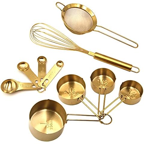 Homestia 10 Piece Gold Cooking and Baking Utensil Set Stainless Steel: 4 Pcs Measuring Cups, 4 Pcs Measuring Spoons, 12" L Whisk, 4" W Flat Fine Mesh Strainer Sieve Cover
