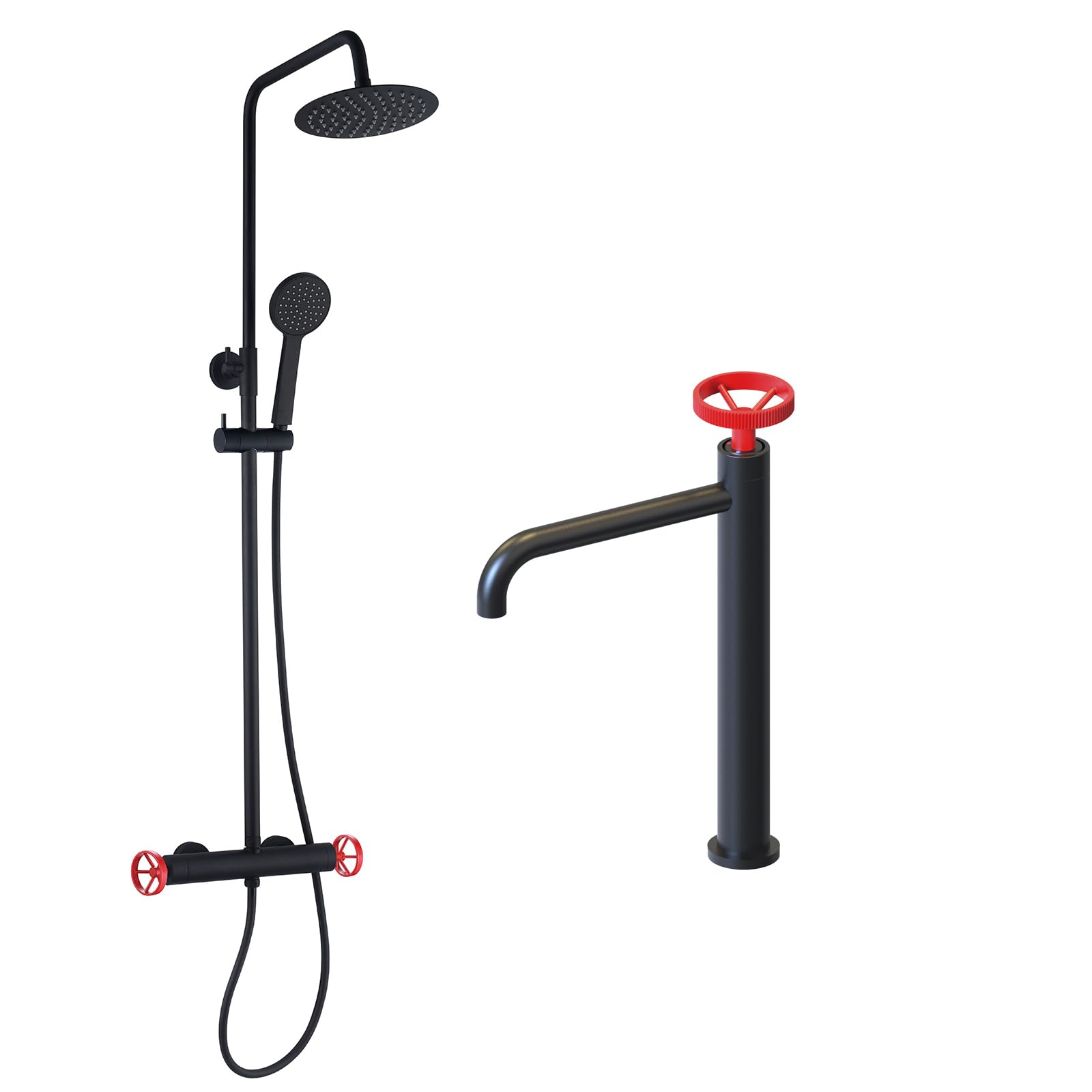 K2O Pack Columna de Ducha 83-119cm y Grifo de Lavabo Monomando 23x6,7x37cm Negro Mate Reguladores Rojos, Latiguillos y Aireador