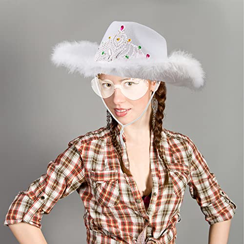 Sgbetter 4 Pack Cowboy Hat Crown And Feather Cowgirl Hat With 4 Pack Heart Shaped Sunglasses Set For Women Girls Cowboy Party(White) #TOP3