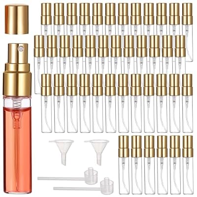 Lnrueg 50 Pcs 5 ml Perfume Bottles - Small Refillable Glass Perfume Bottles, Portable Travel Sample Containers with Caps, Fine Mist Atomizers with 2 Funnels and 2 Dispensers, Gold