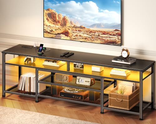 Furologee TV Stand with Power Outlets and LED Lights, 63 Inch Entertainment Center for 60 65 70 Inch TVs, Media Console Table with Open Shelves, for Bedroom, Living Room, Black