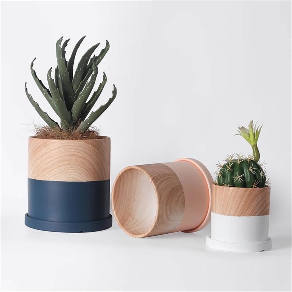 Doniczka Cylindryczna doniczka z podstawkami i otworami drenażowymi Ceramiczna doniczka na kwiaty, niebieska z małą doniczką Woodgrain, na balkon w salonie Sypialnia Doniczka