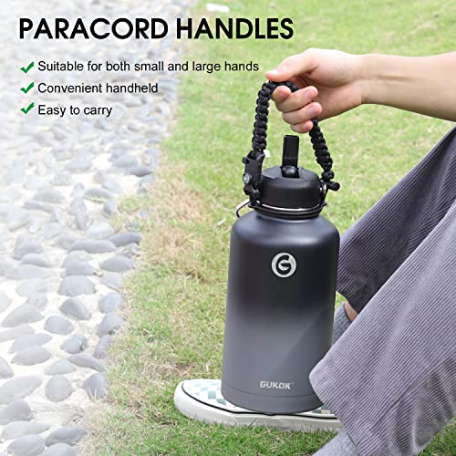 64 Oz Insulated Water Bottle - Stainless Steel, Leak Proof Double Walled Vacuum Flask For Cold Hot Drinks, With Straw Paracord Handles 3 Lids, Half Gallon Large Water Jug For Sports, Gym #TOP3