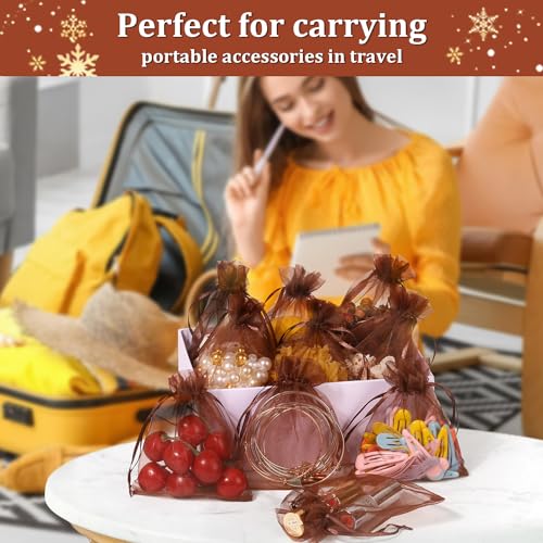 Image of Hopttreely 100PCS Sheer Organza Bags, 4x4.72 Brown Satin Drawstring Organza Jewelry Pouch Wedding Party Favor Gift Bag
