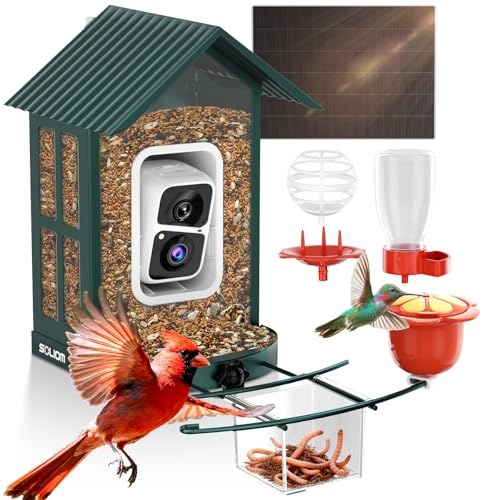 SOLIOM Bird Feeder with Camera Solar Smart Bird Feeder Camera with AI Bird Identification 2K HD Live View & Instant Alerts Squirrel-Proof Metal Outdoor Bird Feeder Bird Watching Gift Set (Green)
