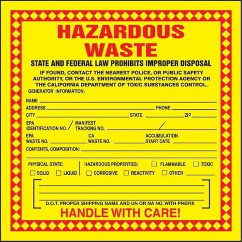 Etiquetas para residuos peligrosos de 6" x 6" en vinilo autoadhesivo resistente de 100 piezas
