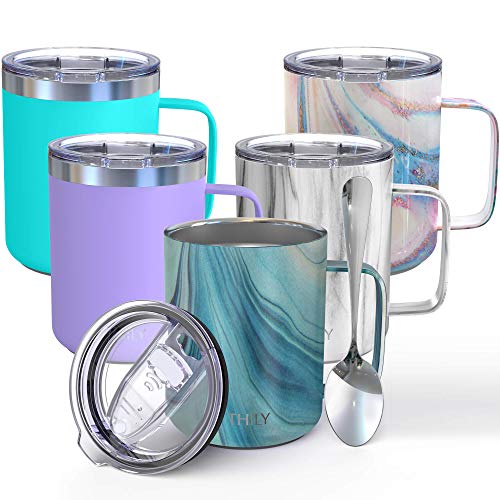 Vacuum Insulated Travel Coffee Mug - THILY 12 oz Stainless Steel Coffee Cup with Handle Spill-Proof Lid Keep Coffee Cold or Hot Blue Swirl