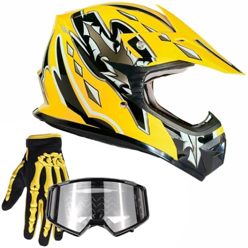Typhoon Youth Kids Offroad Gear Combo Helmet Gloves Goggles DOT Motocross ATV Dirt Bike MX Motorcycle Yellow/Black, X-Large