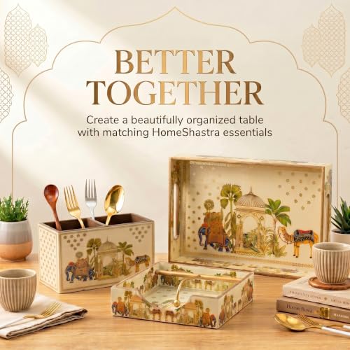 Image of Wooden Serving Tray Combo | Large Serving Tray, Napkin Holder & Cutlery Organizer | Traditional Indian Decor | Waterproof Resin Coated | Dining & Kitchen Use
