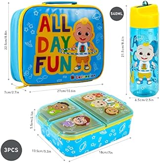 Zawadi Global Cocomelon Kids Childrens Lunch Box Set – Insulated Lunch Bag, Multicompartment Lunch Box & 540ml Water Bottle - School Travel Lunch Food Set, BPA Free