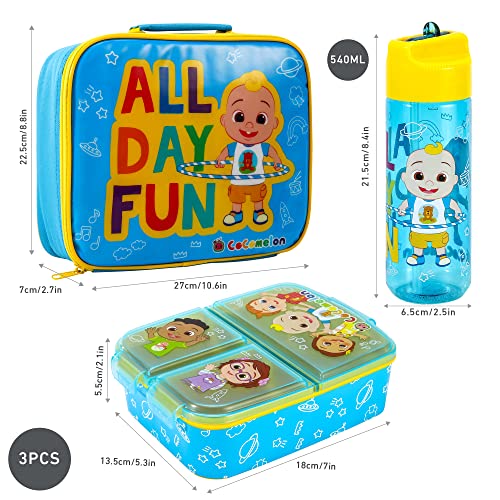 Zawadi Global Cocomelon Kids Childrens Lunch Box Set – Insulated Lunch Bag, Multicompartment Lunch Box & 540ml Water Bottle - School Travel Lunch Food Set, BPA Free