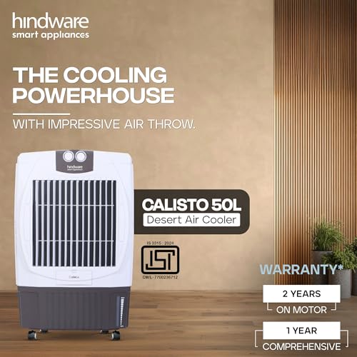 Image of Hindware Smart Appliances 50 L Desert Air Cooler With Woodwool Cooling Pads, Inverter Compatible (White, Brown, CALISTO)