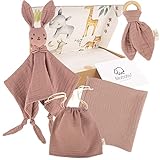 MABABU Baby Geschenk zur Geburt mit Schmusetuch Beißring Spucktuch | 100% Musselin BIO-Baumwolle | GOTS-Zertifiziert | Geburtsgeschenk Junge & Mädchen | Baby Neugeborenen Set inkl. Tasche | Dusty Rose