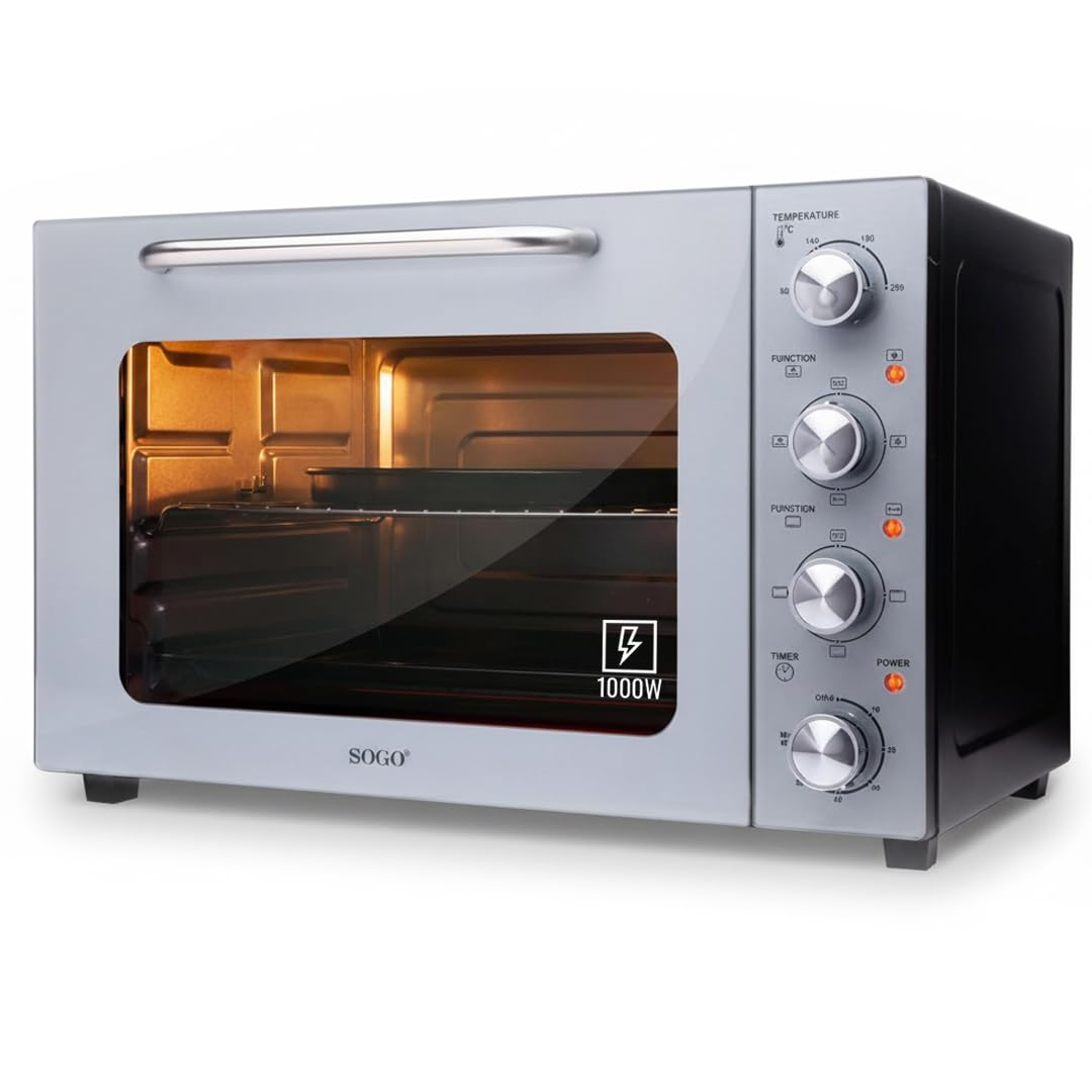 SOGO Horno Eléctrico De Sobremesa 58L Con Convección Y Rustidor 2000W - Horno Portátil Con Doble Vidrio Y Temporizador - Horno Sobremesa 90-230°C 6 Funciones Para Gratinar, Asar Y Hornear