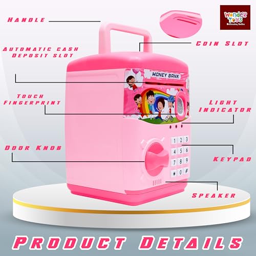 Image of Wonder Money Bank ATM for Kids & Adults | Fingerprint Sensor Electronic Lock & Unlock | Piggy Bank with Sound & Music | Great Gift for Kids (Pink)