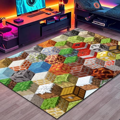 Block Game Rug Teen Boys Carpet with Pixel Games Element Decoration Mat, Cube Block Game Rugs for Boy’s Bedroom Living Room Playroom, Non-Slip Children Gaming Area Rugs (79' x 59')