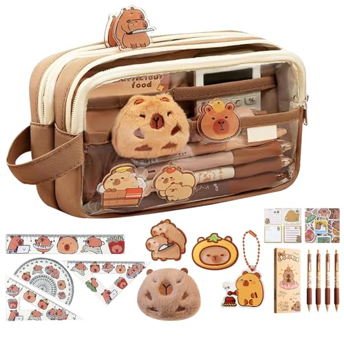 XPJBKC Capybara Pencil Case Capybara Stationery Set with Compartments Large Capacity Capybara Pencil Pouch Include Capybara Pens Ruler Stickers Sticky Notes and Keyring Cute Pencil Pouch
