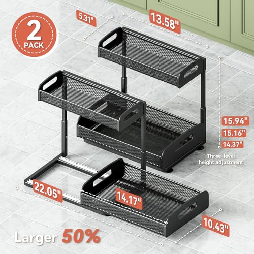 YASONIC 2 Pack Under Sink Organizer, 2 Tier Height Adjustable Kitchen Cabinet Organizer, Pull Out Metal Cabinet Shelf Organizer, Under the Sink Organizers and Storage for Kitchen & Bathroom, Black - image 3