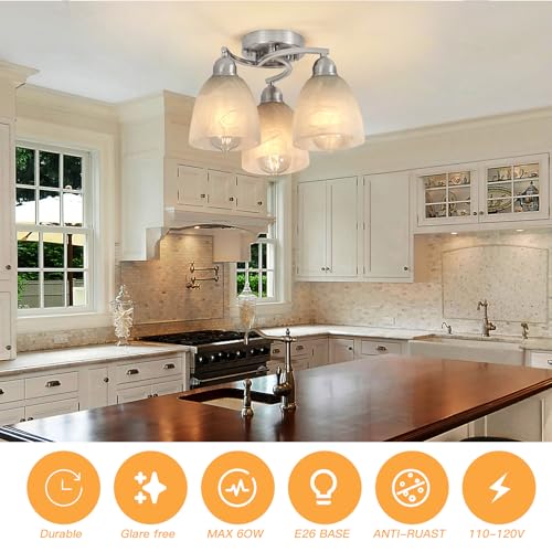 Klosm KLOSM0024 3-Light Flush Mount Ceiling Light With Alabaster Glass Shades Modern Brushed Nickel Lighting Fixtures For Kitchen Island Dining Room Bedroom Farmhouse Foyer Hallway Front Door thumb #1