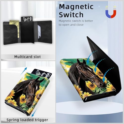 Wallet for Men Card Holder Slim RFID Blocking Pop-up,Faux Leather Business & Credit Wallet,Holds Up to Cards & Cash Minimalist Front Pocket,Billeteras de Hombres, Sunflowers and Horses3