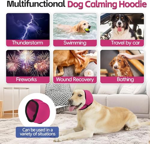 Image of Dog Calm Hoodie Ear Wraps for Dogs, Waterproof Dog Swim Cap, Ear Cover Muffs for Anxiety Relief Noise Cancelling, Dog Head Warp Ear Protection for Hematoma Fireworks Bath Swim Blow Drying(L,Rose Redd)
