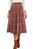 High Waisted Summer Skirts for Women,Casual Chrismas Red Party Boho Floral Midi Pleated Skirt with Pockets(Rusd Red,M)