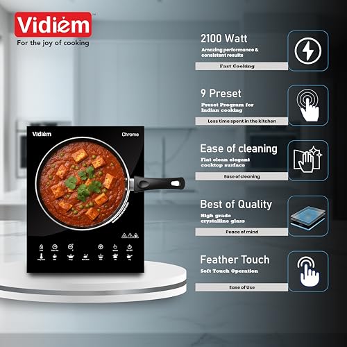 Image of Vidiem Chrome 2100W Induction Cooktop | Premium Touch Panel with LCD Display | Multiple Power Levels | Indian Menu Presets | Auto Shut-Off | 2-Year Warranty | Black