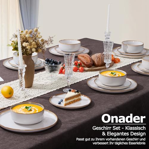 Geschirr Set für 6 Personen, Onader 18 Teiliges Steinzeug Tafelservice Kombiservice, je 6 Speiseteller, Dessertteller, Müslischalen, Spülmaschinenfest – Perle Beige