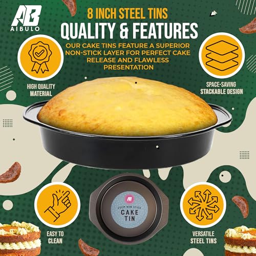 2 Pack 8 Inch Cake Tins for Baking | Round Non-Stick Carbon Steel Cake Tin Mould | Heavy-Duty Baking Tins for Oven | Sponge Cake Tins | Durable Bakeware for Home & Kitchen - Image 4