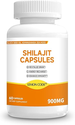 Shilajit Cápsulas con aceite de semilla negra y Ashwagandha y musgo marino para energía, concentración y apoyo al estado de ánimo, complejo mineral