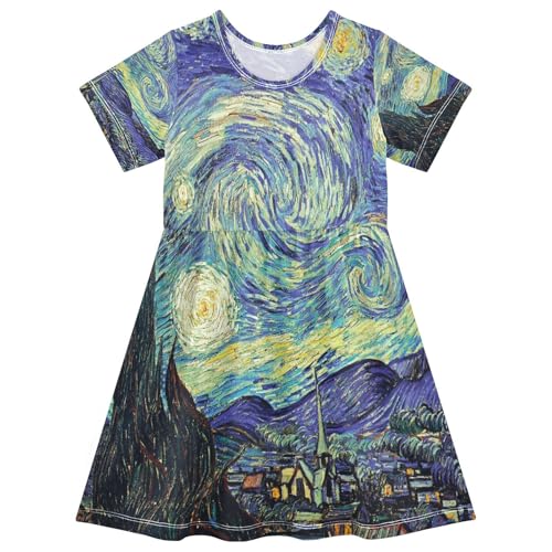 ALAZA Van Gogh's Starry Night Girls Dress Short Sleeve Toddler Casual Dresses Summer Sundress 2-8T