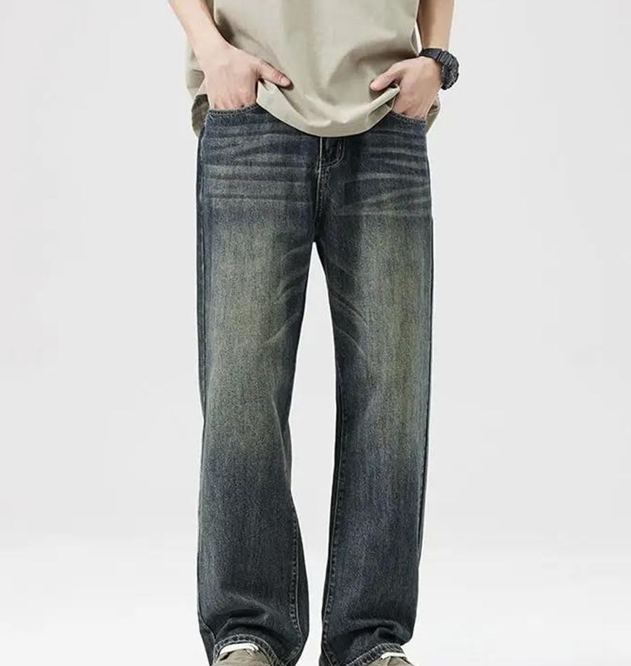 Men’S Vintage Loose Jeans Mid Waist Straight Leg Denim Pants Casual Zipper Fly Lightweight Solid Color Jeans2