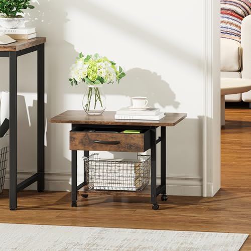 Miniatura 7 de Oyrreu Mesa Para Impresora Con Ruedas - Mueble Soporte Para Impresora 2 Niveles Con Cajón, Estantería De Oficina Para Fax Scanner 3d, Marrón Rústico