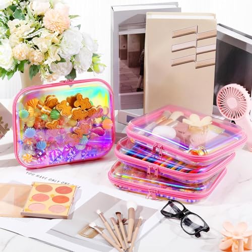 Image of Hoolerry 4 Pcs Hard Clear Zipper Case Makeup Bags Plastic Zipper Pouch Transparent Storage Box Containers for Cosmetics, Snacks, Building Blocks, Puzzles(Clear,9.8 x 7.9 x 2 in,Pink Laser)