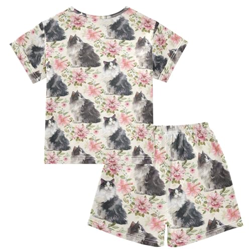 ALAZA Flower Cat Animal Blossom Pajamas Short Sleeve 2 Piece Sleepwear Top and Bottom Pajama Set Unisex2