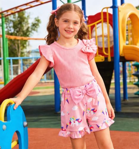Image of Barlver Girls 2 Piece Short Set Baby Girl Summer Clothes Ruffle Sleeve T-Shirt and Bow Knot Shorts Toddler Girl Outfit Set