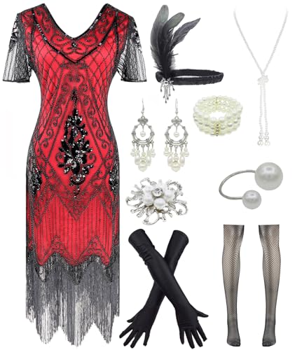 Image of Women 1920s Gatsby Vintage Sequin Flapper Fringe Party Plus Dress with 20s Accessories Set