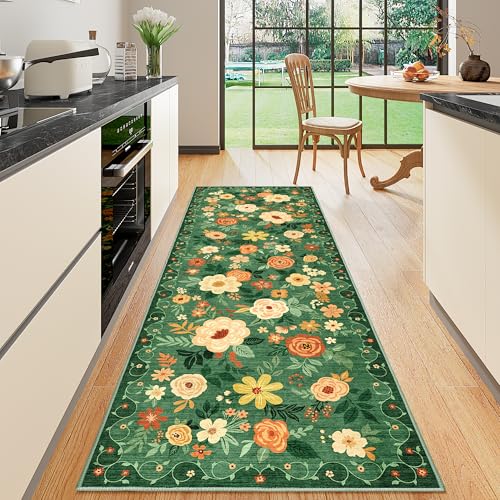 DUKINO 2x6 Runner Rug for Hallway, Washable Kitchen Runner Rug with Non Slip Backing, Low Pile Soft Boho Floral Runner for Kitchen, Hallway, Entryway, Laundry, Bedroom, Dark Green