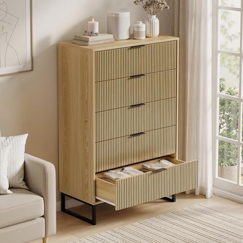 Image of Tall 5 Drawers Dresser for Bedroom, Natural Wood Dresser with Metal Handle, 49.2'' Chest of Drawers Modern Drawer Organizer with Large Drawers for Living Room, Cloest, Hallway, Natural Oak