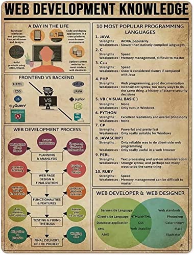 FJQWKLF - Panneau métallique en aluminium avec connaissances en développement Web, affiche des 10 langages de programmation les plus populaires, pour salle de classe, bureau, studio, maison, décoration murale,