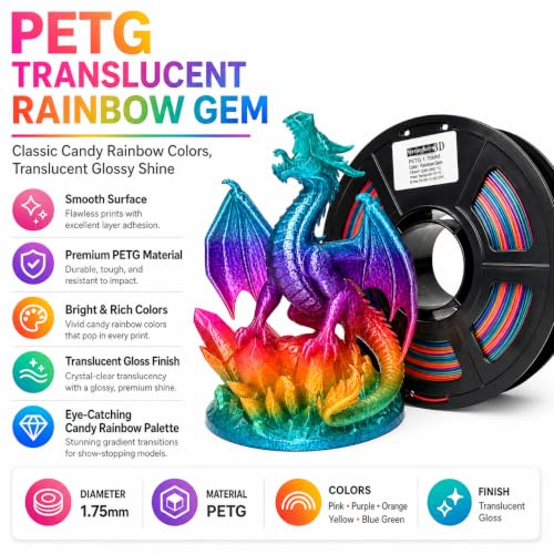 Image of PETG 3D Printer Filament 1.75mm,Rainbow Translucent Gem,Multi Color,Fast Color Changing,1kg(2.2lbs) Accuracy + /-0.05mm