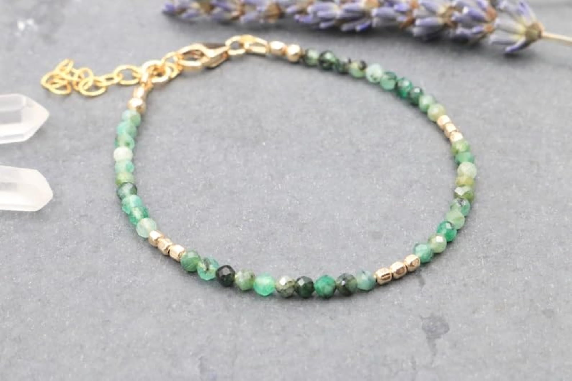 Emerald Round Beaded Bracelet, Adjustable Link with Gold Lock