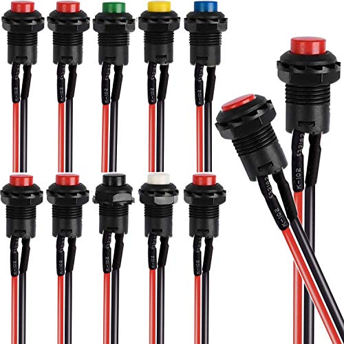 RUNCCI-YUN 10 Pcs SPST interruptor a pulsador redondo, 12V Interruptor de botón de Bloqueo, pulsador 12mm,interruptor spst,mini pulsadores electricos(AC 6A/125V 3A/250V)（Con linea）