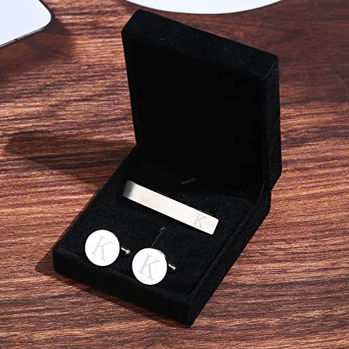 Image of LOYALLOOK Initial Cufflinks and Tie Clip Set for Men Silver Personalized Cuff links and Tie Bar Letter Alphabet A-Z Gift for Father Husband Valentine Gifts for Men