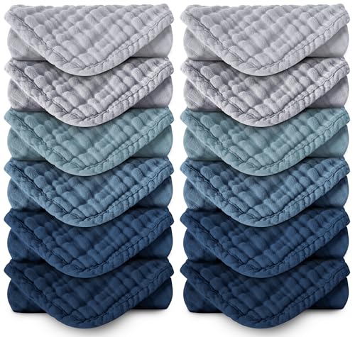 Image of MOON PARK Baby Washcloths, 12 Pack - 12x12 Inches, Small Burp Cloths and Baby Wipes - 100% Cotton Muslin Ultra Soft for Newborn, Infant and Toddlers - Slate, Grey and Navy Series