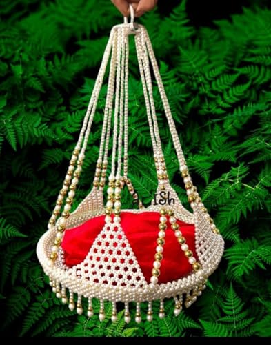 Image of PARTISH Handcrafted Hanging Moti Jhula for Laddu Gopal Ji | Premium Pearl Beaded Swing Palna with Red Velvet Cushion & Gold Accents for Janmashtami & Home Temple Decor (for Idol Size 0,1 & 2, Moti)