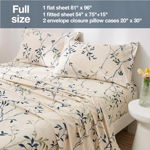 Image of JSD Beige Leaves Printed Full Sheet Set Extra Deep Pocket | 4 Piece Soft Botanical Microfiber Sheets, OEKO-TEX Certified, Easy Care