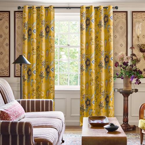 Image of XiDi Mustard Yellow Patterned Blackout Curtains 84 Inches Long 2 Panels | Vintage Floral Curtains for Bedroom Living Room, Thermal Insulated Grommet Top Luxury Mid Century Colorful Drapes, 52x84